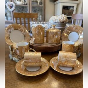 4 Vtg Orange Gold Lusterware Demitasse Cups Saucers With Sugar And Creamer Rare